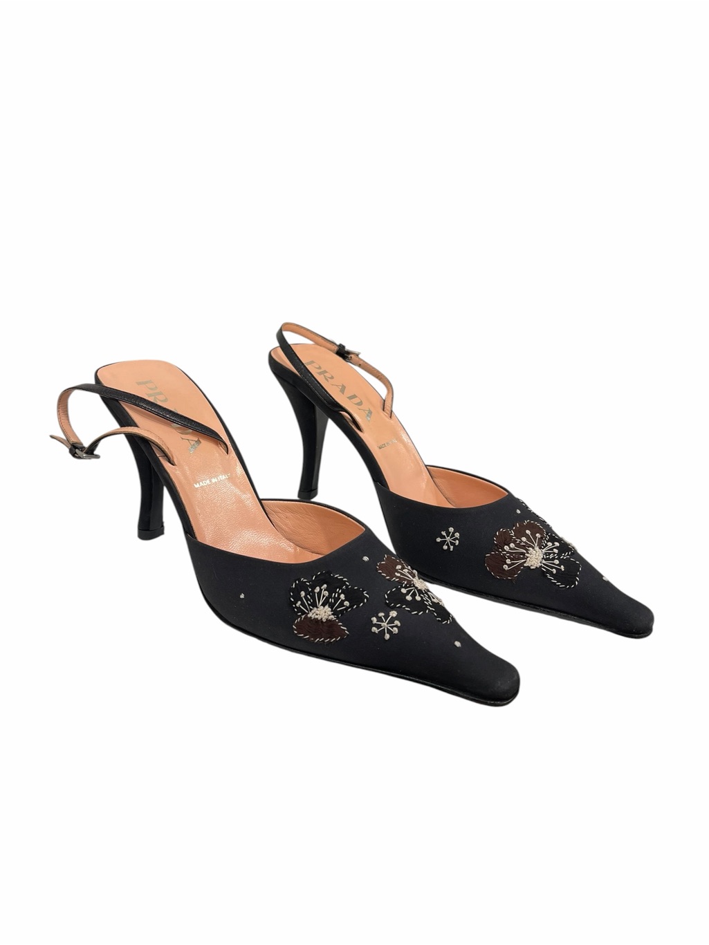Prada Floral Embroidered Heels Black Satin Pointed Toe